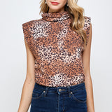 Leopard Shoulder Pad Turtle Neck Top