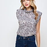 Leopard Shoulder Pad Turtle Neck Top