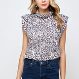 Leopard Shoulder Pad Turtle Neck Top