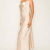 Off-shoulder Neck Tie Midi Satin Dress