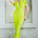 Solid Deep V-neck Pleats Midi Dress