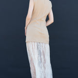 Back view of taupe sleeveless dress with layered lace maxi skirt – elegant women’s evening wear