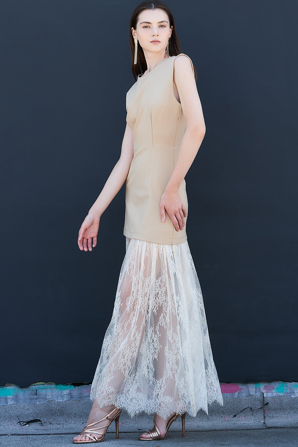 Minimalist taupe sleeveless dress with sheer lace maxi skirt sophisticated women’s fashion design 2025