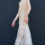 Minimalist taupe sleeveless dress with sheer lace maxi skirt sophisticated women’s fashion design 2025