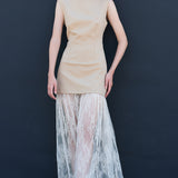 Side view of taupe sleeveless dress with lace layered skirt – modern women’s chic fashion style