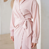 Solid Wrap Style Midi Dress