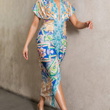 Deep V-neck Pleats Midi Dress