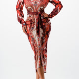 FRONT DRAPED BUTTON DOWN MIDI SHIRT DRESS WITH BELT IN RED