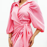 Balloon Sleeve Wrap Dress