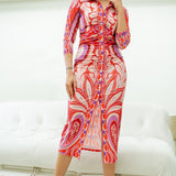LONG SLEEVE FRONT DRAPE BUTTON DOWN MIDI SHIRT DRESS