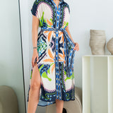 shoulder shirring button down midi dress