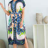 Ruched Shoulder Button Down Midi Dress