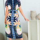 Ruched Shoulder Button Down Midi Dress