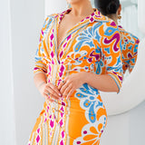 short deep v neck collared jersey dress in orange