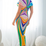 Deep V-neck Pleats Midi Dress