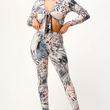Lapel Collars and front tied and high waist legging set