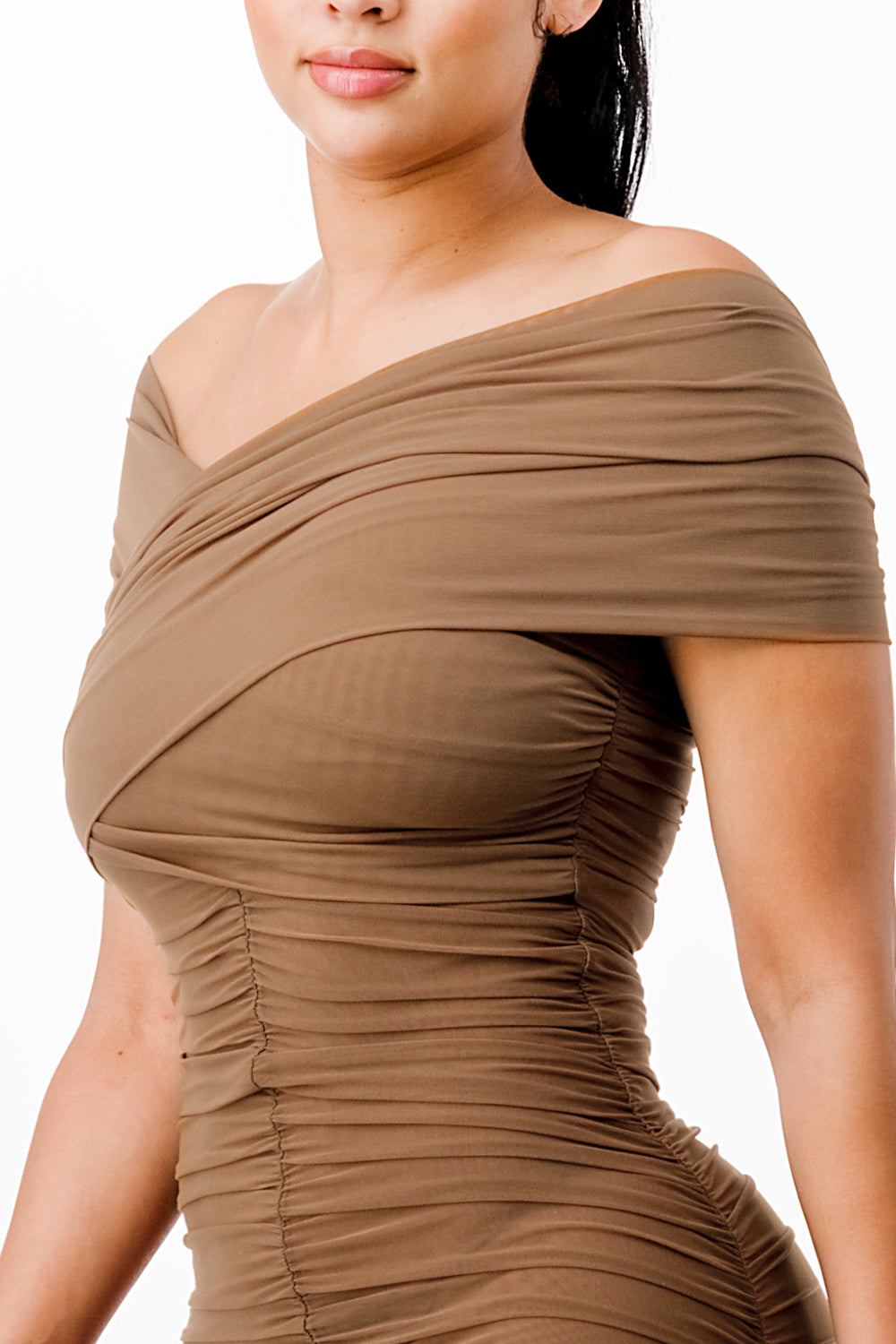 Ruched off shoulder mesh midi dress