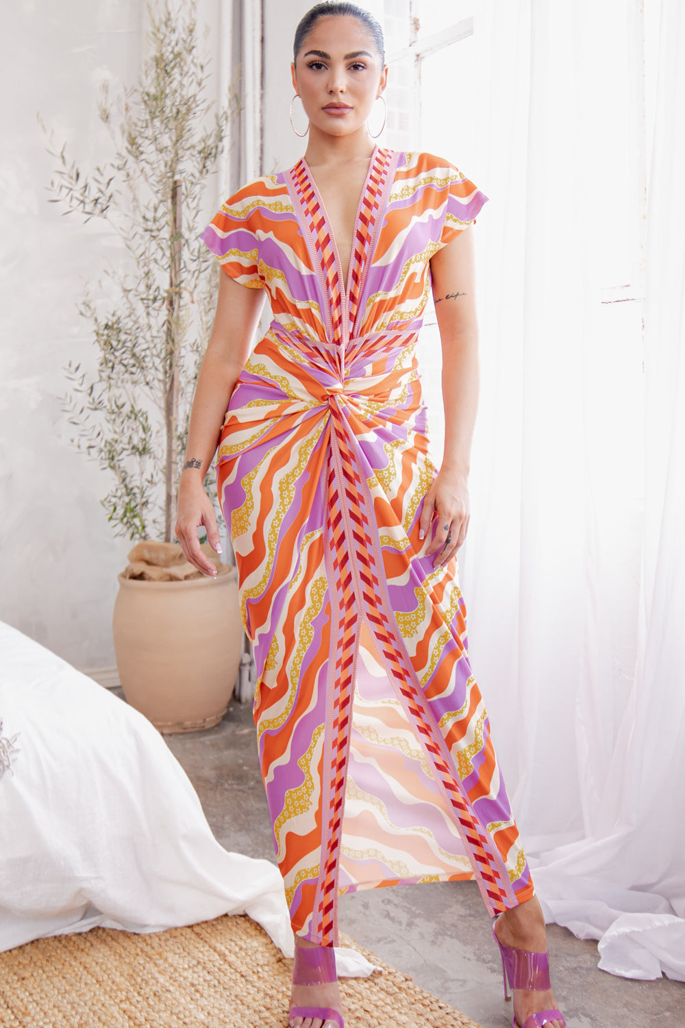 knot front deep v neck sexy midi dress