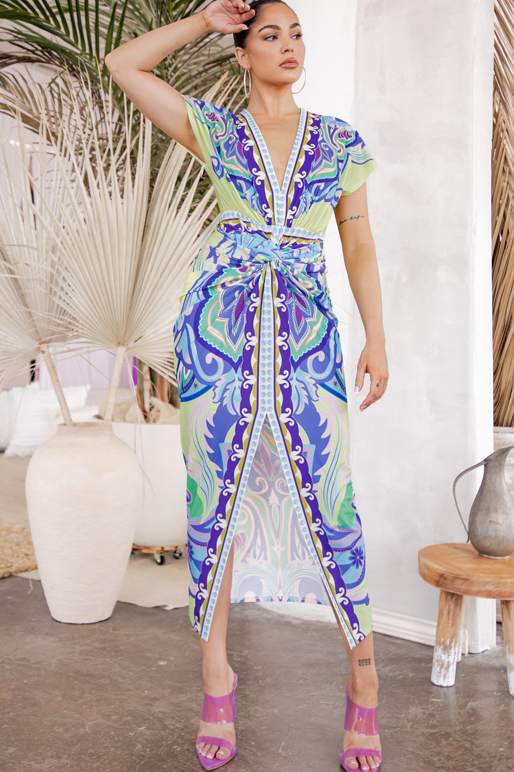 knot front deep v neck sexy midi dress