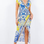 Side ruched v-neck midi dress with stretchy fabric