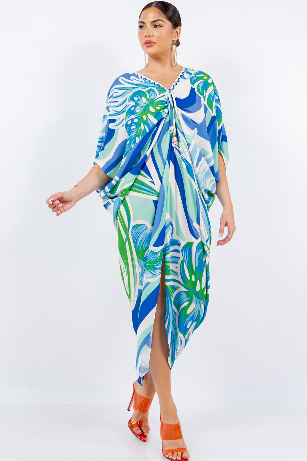 Long V-neck kaftan beach coverup dress with below-the-elbow length sleeves