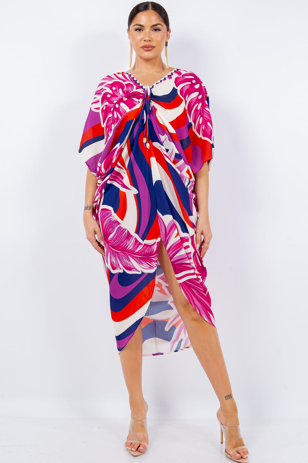 Long V-neck kaftan beach coverup dress with below-the-elbow length sleeves