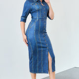 Denim Effect Button Down Midi Dress