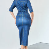 Denim Effect Button Down Midi Dress