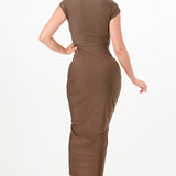 Solid Deep V-Neck Shirring Midi Dress