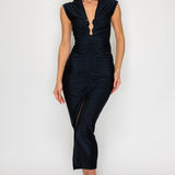 Solid Deep V-Neck Shirring Midi Dress