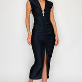 Solid Deep V-Neck Shirring Midi Dress