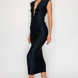 Solid Deep V-Neck Shirring Midi Dress