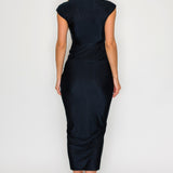 Solid Deep V-Neck Shirring Midi Dress