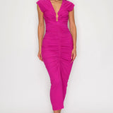 Solid Deep V-Neck Shirring Midi Dress