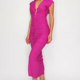 Solid Deep V-Neck Shirring Midi Dress