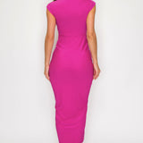 Solid Deep V-Neck Shirring Midi Dress