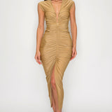 Solid Deep V-Neck Shirring Midi Dress