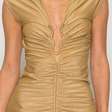 Solid Deep V-Neck Shirring Midi Dress