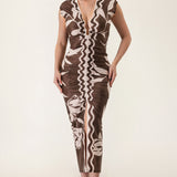 Printed Deep V-Neck Shirring Midi Dress