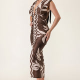 Printed Deep V-Neck Shirring Midi Dress