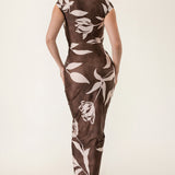 Printed Deep V-Neck Shirring Midi Dress