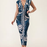 Printed Deep V-Neck Shirring Midi Dress