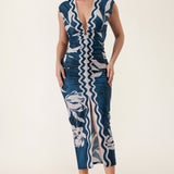 Printed Deep V-Neck Shirring Midi Dress