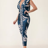 Printed Deep V-Neck Shirring Midi Dress