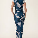 Printed Deep V-Neck Shirring Midi Dress