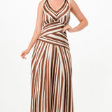 Striped Satin effect V-Neck Maxi Dress with Back Tie