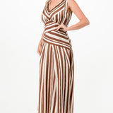 Striped Satin effect V-Neck Maxi Dress with Back Tie