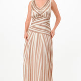 Striped Satin effect V-Neck Maxi Dress with Back Tie