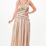 Striped Satin effect V-Neck Maxi Dress with Back Tie