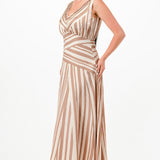 Striped Satin effect V-Neck Maxi Dress with Back Tie